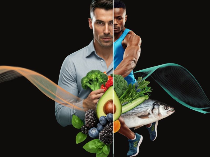 Personne conciliant vie professionnelle et sportive grâce à une nutrition équilibrée : vue partagée entre tenue de bureau et tenue de sport, entourée d'aliments nutritifs comme avocat, œufs, baies et légumes colorés.